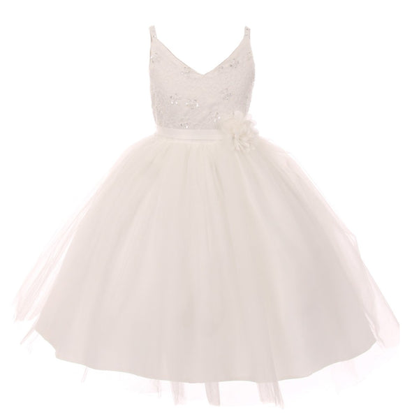 Rain Kids Big Girls Ivory Beaded Lace V-neck Special Occasion Dress 8-12 - SophiasStyle.com